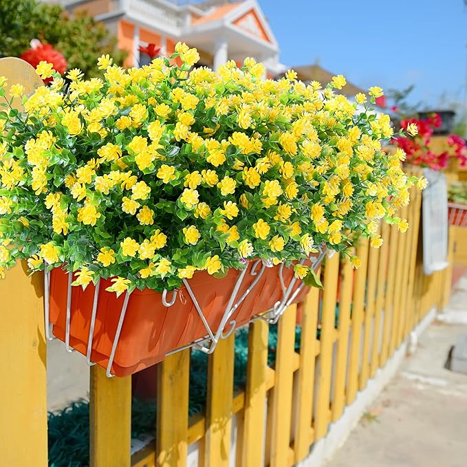 SITUMEIZI 8 Bundles Yellow Artificial Flowers Outdoor Fake Flower Plastic UV Resistant Shrubs Greenery Plants Hanging Decorations Garden Porch Window Box Farmhouse Outside Summer Indoor Decor