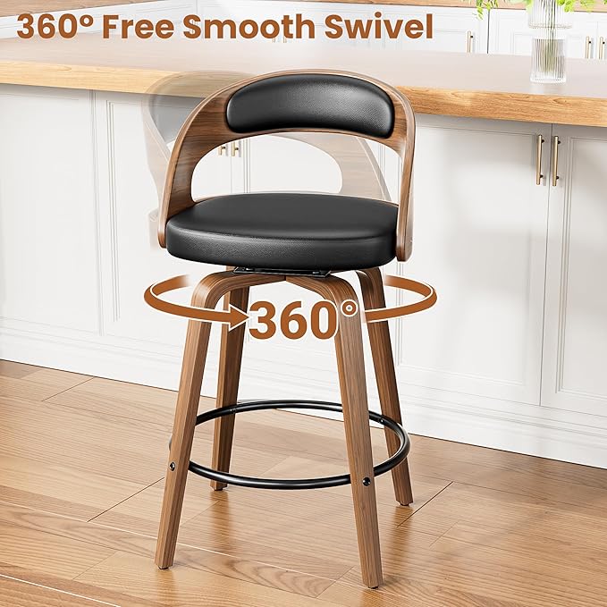 Swivel Bar Stools, 26" Upholstered Counter Height Bar Stools with Bentwood Legs and Low Back, Mid Century Modern Faux Leather Bar Chairs for Kitchen Island, Dining Room, Black