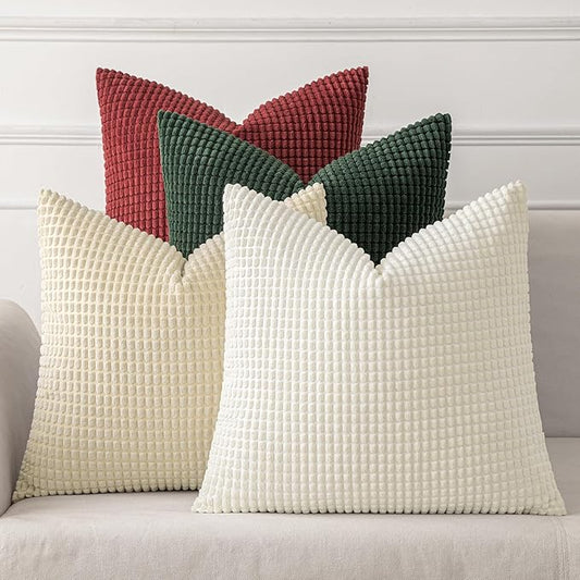 MIULEE Boho Farmhouse Throw Pillow Covers 18x18 Inch Set of 4 Soft Neutral Pillow Covers Christmas Red and Green Corduroy Couch Pillowcases Home Decor for Sofa Living Room Bed