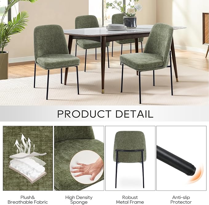 COLAMY Modern Dining Chairs Set of 6, Fabric Upholstered Dining Room Chairs Dinner Chair Stylish Kitchen Chairs with Curved Back and Metal Legs, Green