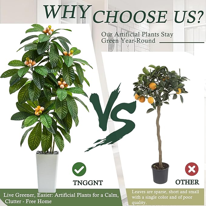 Artificial Loquat Tree：Faux Tree Realistic Fake Tropical Fruit Plant Large Silk Floor Plants with Lifelike Fruits&Pot for Home Decor Indoor Outdoor Room Office Patio Balcony(5FT,1-Pack,White)