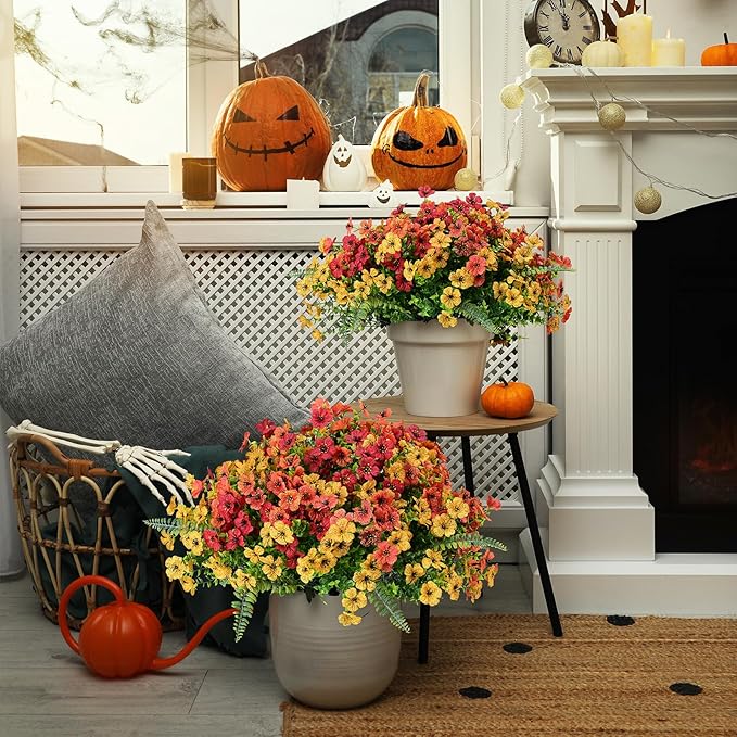 Artificial Fake Fall Mums Flowers Plants Outdoor,18 Bundles Faux Plants Outside No Fade Plastic UV Resistant for Front Door Porch Patio Balcony Garden Yard Decorations