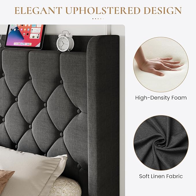 SHA CERLIN Full Size Platform Bed Frame with Charging Station, Velvet Wingback Headboard with Storage shelf, Wooden Slats Support, Ample Under-Bed Space, No Box Spring Needed, Easy Assembly, Dark Grey