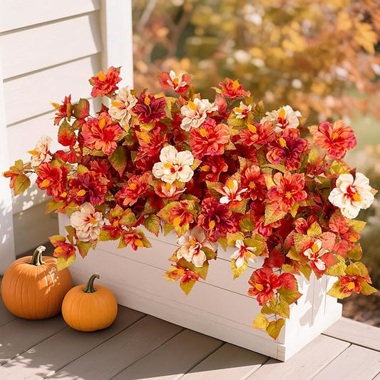Fake Fall Flowers Artificial for Outdoors Decoration 2PCS Faux Orange Flowers for Outdoor Planters Outside Hibiscus Flower Fall Décor for Home Front Porch Yard Patio