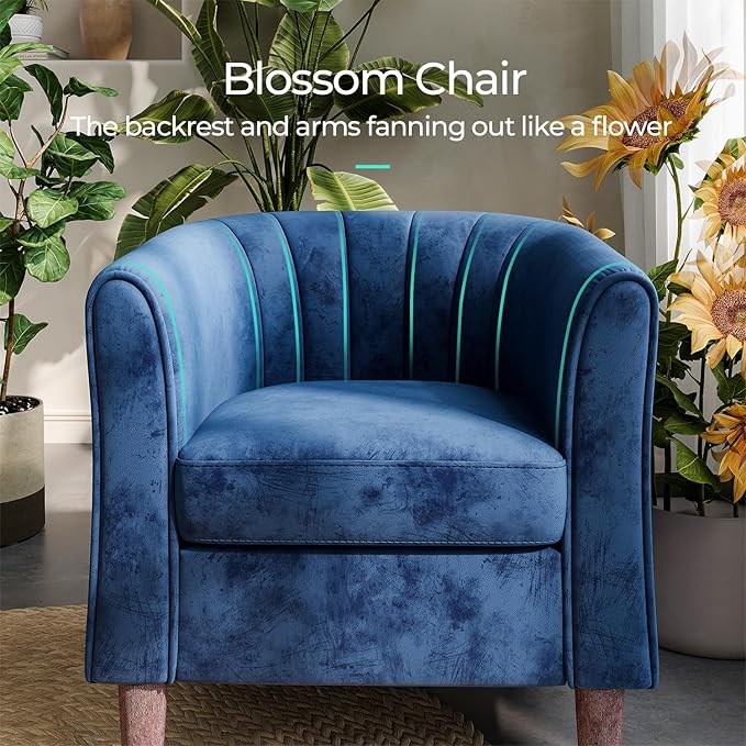 LINSY Accent Chair with Ottoman, Modern Barrel Chair Small Armchair Reading Chair with Footrest, Comfy Round Arms Chair for Living Room Bedroom Reading Room, Velvet, Blue