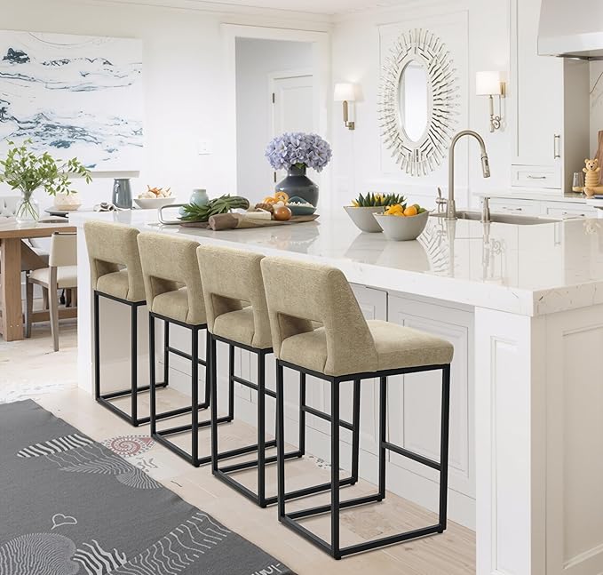 Counter Height Bar Stools Set of 2 for Kitchen Counter Modern Bar Chairs with Backs for Kitchen Island with Upholstered Fabric Seat and Metal Frame, Khaki, 26 Inch