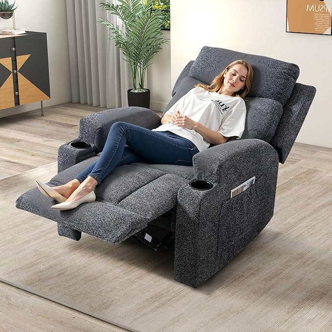 Phoenix Home Manual Recliner Chair Set of 2 with Massage and Heat, Ergonomic Overstuffed Breathable Fabric Recliner Single Sofa with 2 Cup Holders, Living Room Lounge Recliners on Clearance, Dark Gray