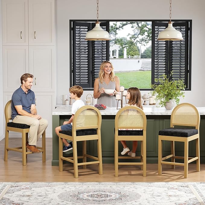 STHOUYN Upholstered Rattan Bar Stools Set of 4, Wooden Counter Height Stools with Natural Rattan Woven Back and Chenille Seat, Mid-Century Modern Island Chairs Barstools for Kitchen (4, Black)