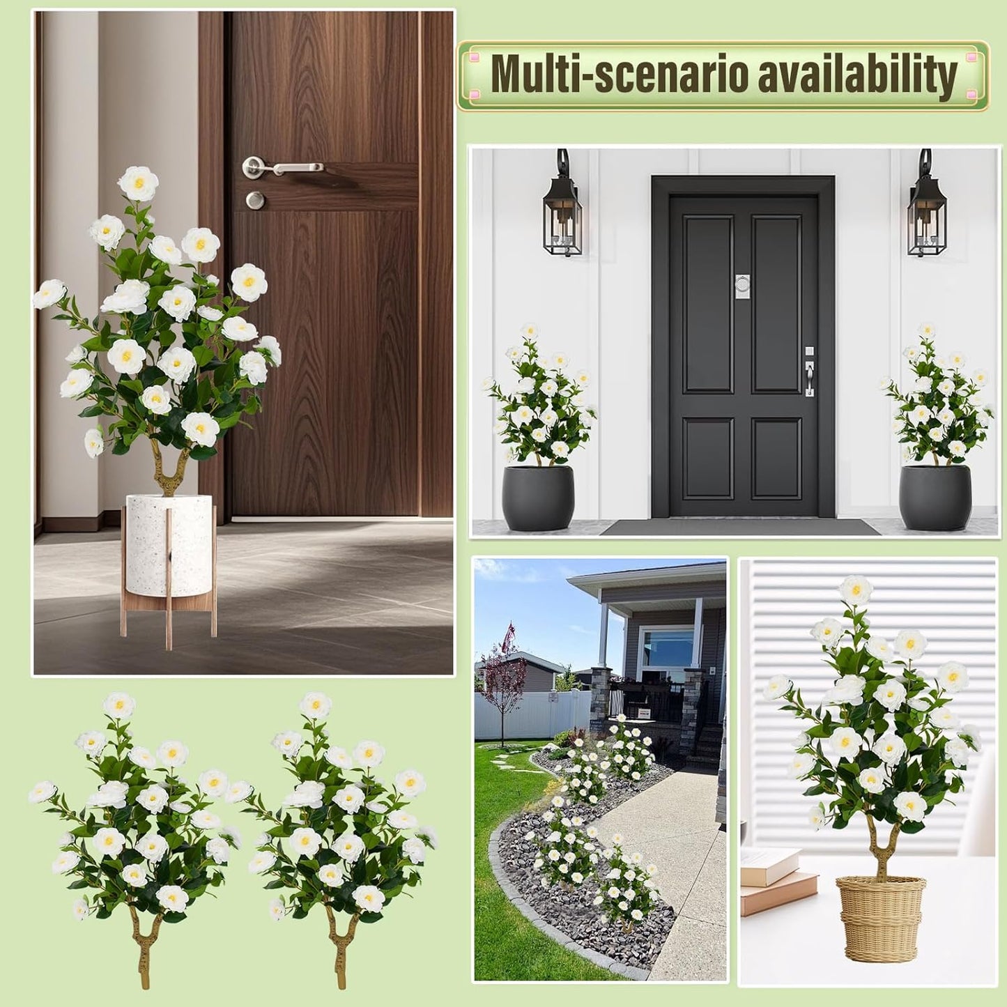 Romantic Season 2Pack 36" Artificial Camellia Tree with Ground Spike - White Faux UV Resistant Blooming Bush, Lifelike Camellia Flowers for Indoor Outdoor Decor, Perfect for Wedding