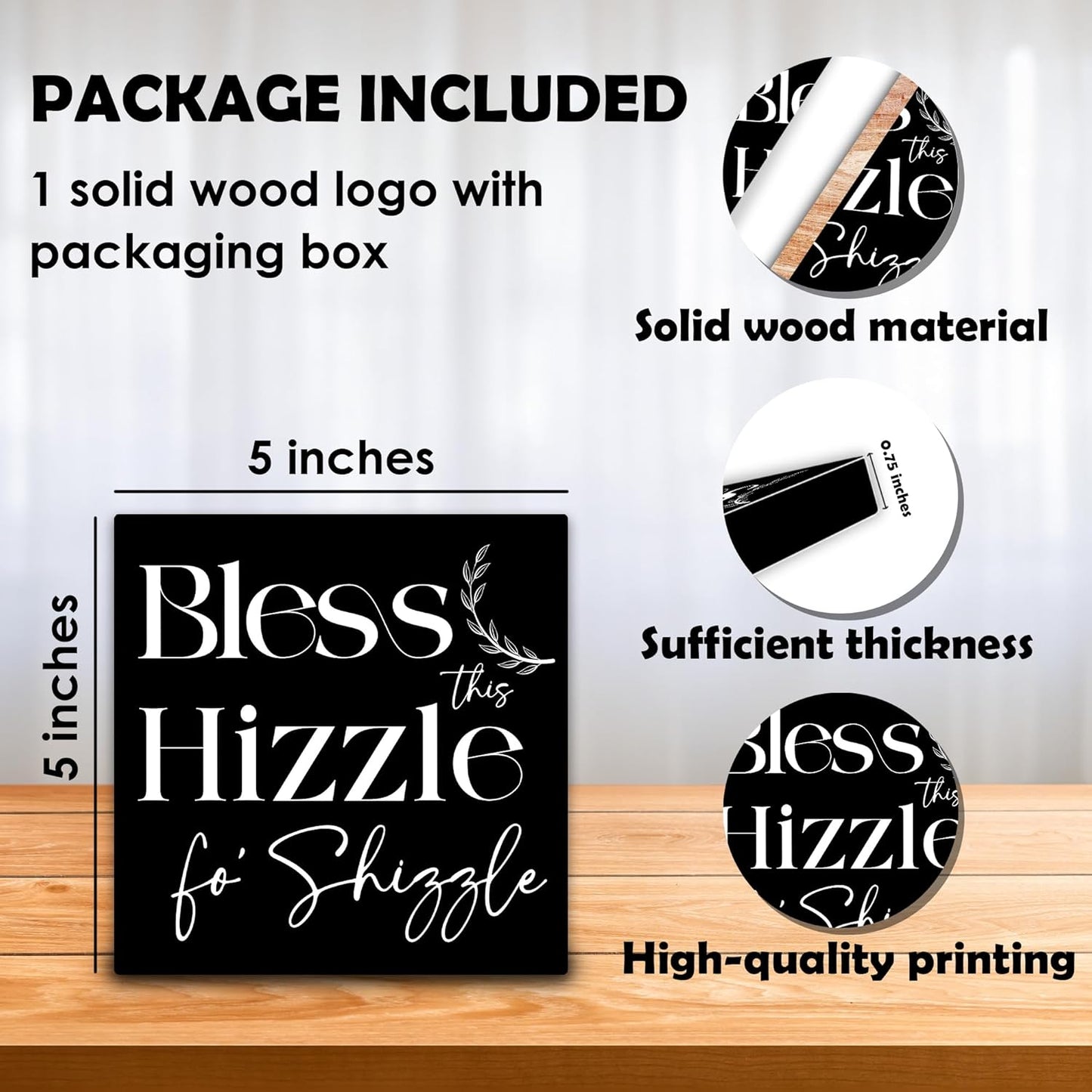 Bless This Hizzle Fo Shizzle Wooden Block Plaque - Black Tabletop Sign Decor For Friend Family Coworker - 5"x5" Room Office Home Wood Block - Funny Desk Favors & Supplies - A10