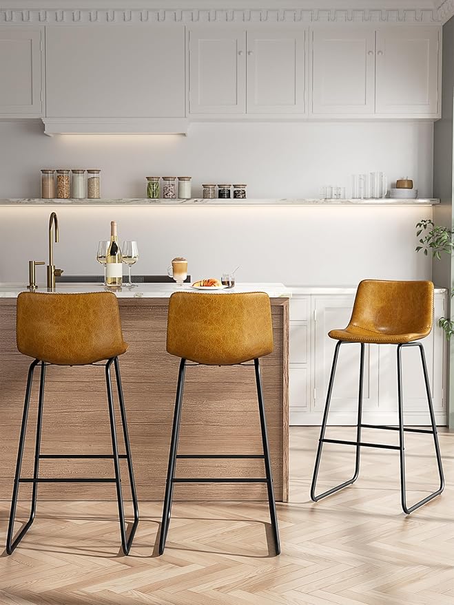 Bar Stools Set of 2, 30 Inches Counter Height Bar Stools with Back, Modern Faux Leather Barstools with Metal Legs and Footrest, Bar Chairs for Kitchens Island (Whiskey Brown)