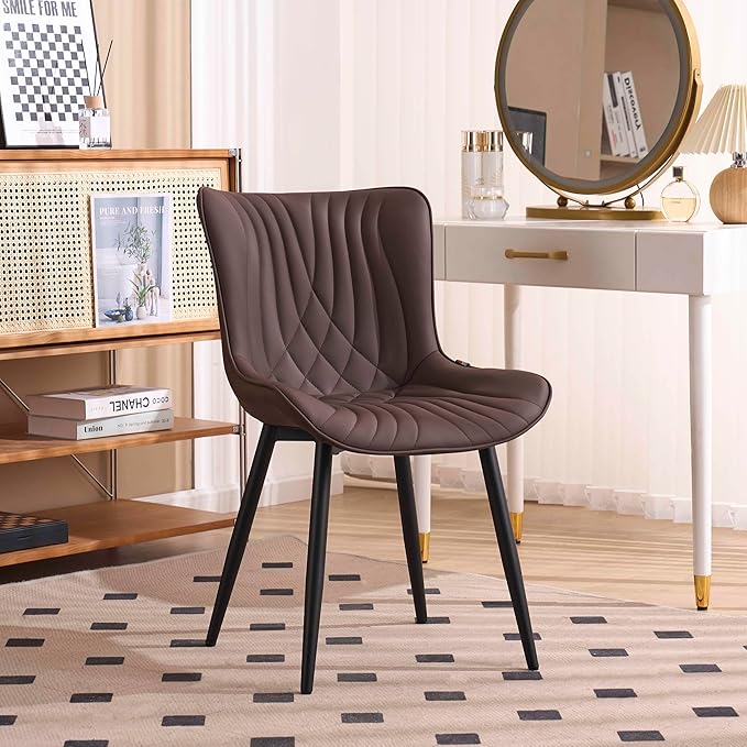 Kidol&Shellder Brown Dining Chairs Set of 2,Faux Leather Upholstered Mid Century Modern Kitchen&Dining Room Chair with Back,Ergonomic Armless Vanity&Living Room Chair with Metal Legs