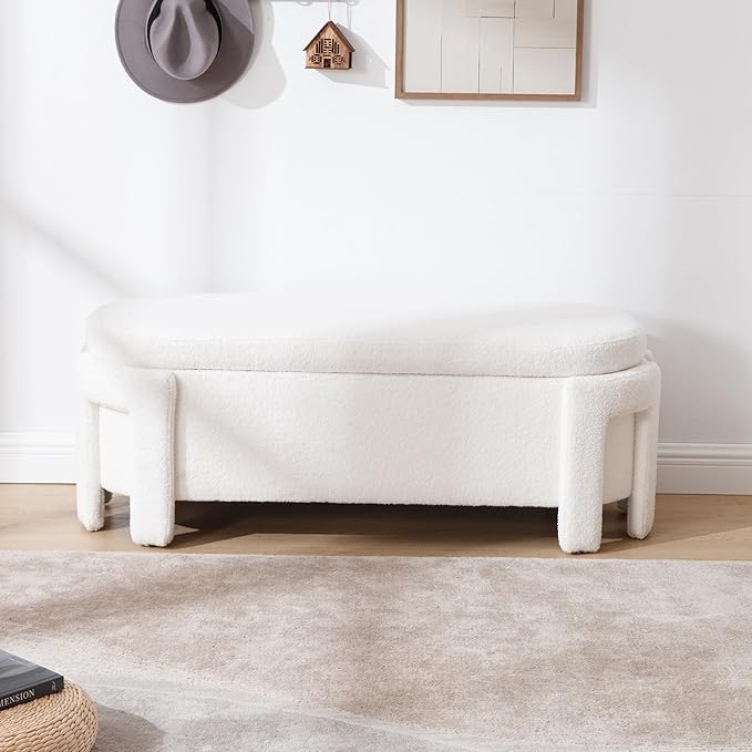 Modern Sherpa Storage Ottoman Bench for Bedroom 47.25 in Comfy Boucle Upholstered Entryway Bench with Storage for End of Bed/Living Room/Lounge/Window Corner, White