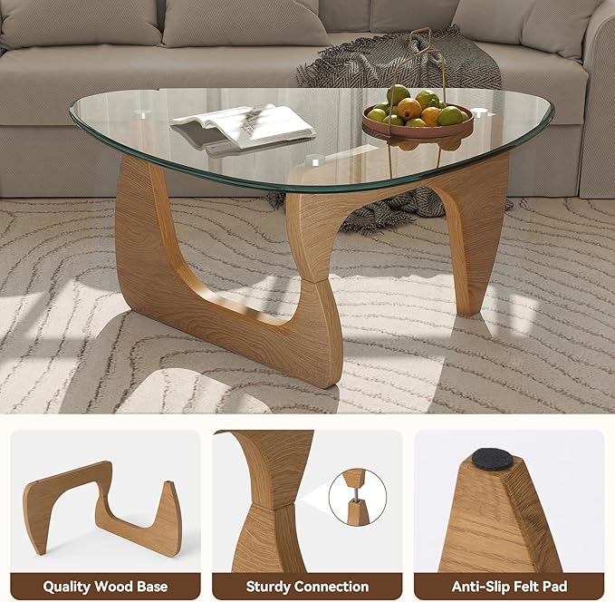 Modern Glass Coffee Table, Triangle Center Table with Tempered Glass Top& Unique Wooden Base, 31.5” Mid Century Tea Tables for Living Room, Apartment, Office,Wood &Transparent