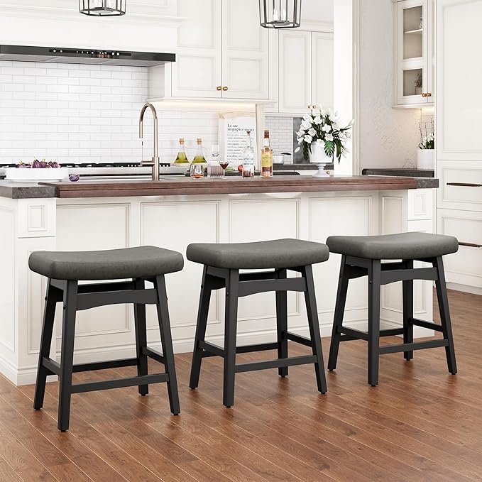 PHI VILLA Counter Height Bar Stools Set of 3 - Farmhouse Barstools with Upholstered Saddle Seat and Solid Wood Legs, Kitchen Counter Island Stools