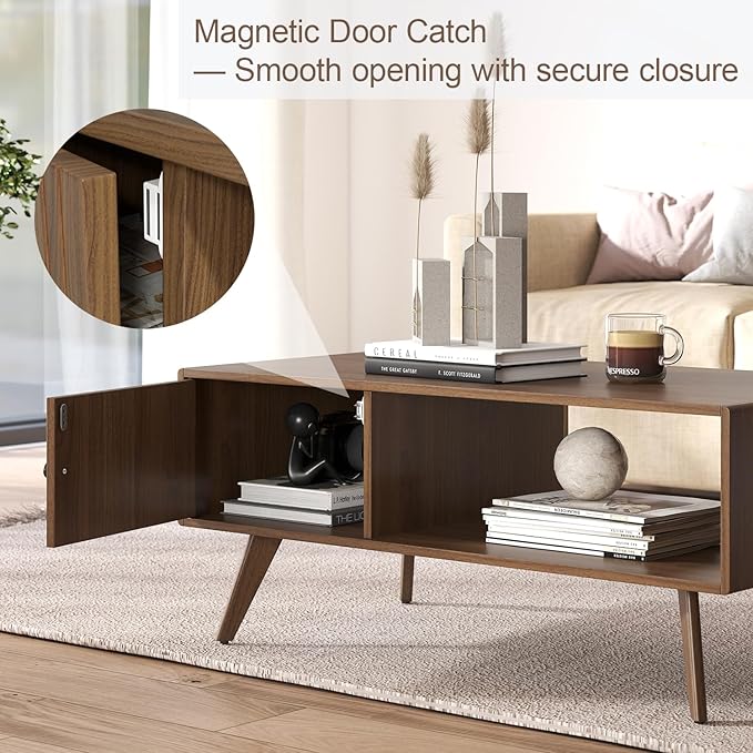 Mid Century Modern Coffee Table with Storage, Walnut Wood Center Table with Cabinet & Open Shelf, Retro Accent Furniture for Living Room & Small Spaces
