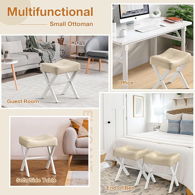 18-Inch Leather Vanity Stool Chair, Vanity Bench with Metal X-Leg, Ottoman Accent Stool with Thick Padded Saddle Seat, Beige