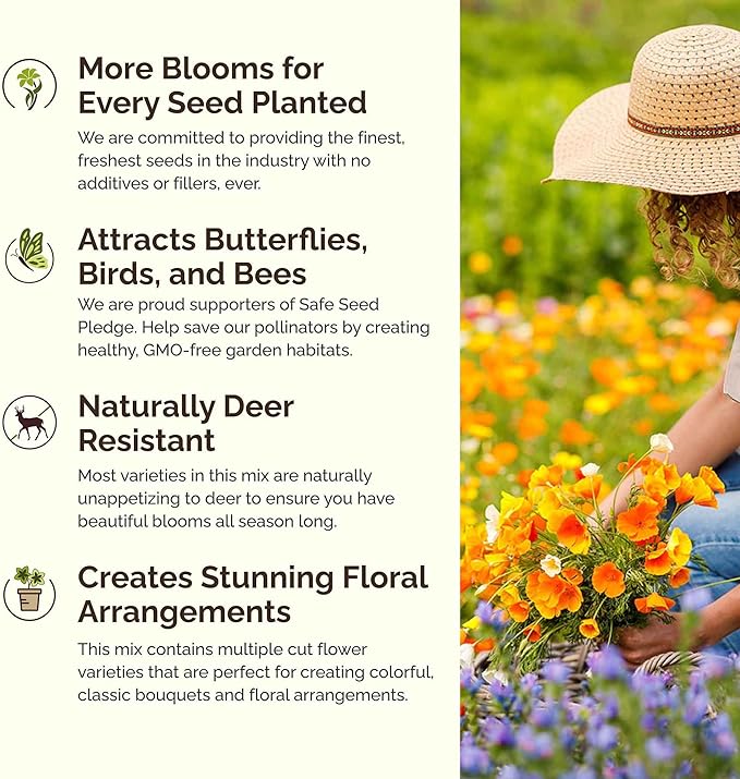 Eden Brothers Dry Area Wildflower Mixed Seeds for Planting, 25 lb, 12,000,000+ Seeds with Cosmos, African Daisy, Blue Flax, Attracts Pollinators, Plant in Spring or Fall, Zones 3, 4, 5, 6, 7, 8, 9, 10