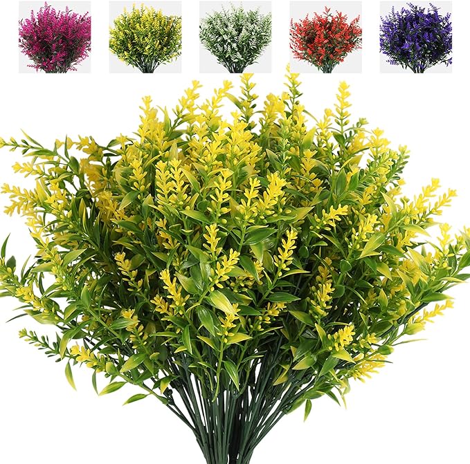 RECUTMS 8 Bundles Artificial Lavender Flowers for Outdoor Decoration, UV Resistant Fake Shrubs Greenery Bushes House Office Garden Patio Indoor Outdoor Decor (Yellow)