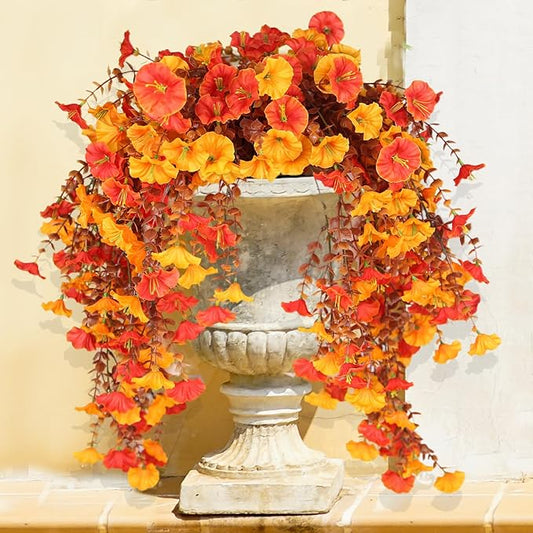 Fake Mums Morning Glory Hanging Flowers, 4 pcs Fall Faux Flowers for Outdoor Planters, Fake Mums for Yard Patio Lawn Garden, Real Touch Fake Flowers Fall Porch Decor, Autumn Floral Decor