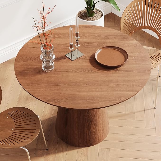 43'' Round Dining Table for 4, Modern Wood Farmhouse Kitchen Table with Sturdy Cylindrical Pedastal, Dinner Tables for Dining Room, Living Room Walnut