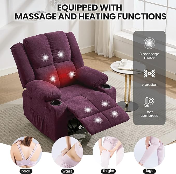 Manual Recliner Chair with Heating & Massage,Ergonomic Overstuffed Breathable Fabric Reclining Chair with Side Pockets,Q235 Steel Frame Lazy Boy Recliner Single Sofa for Living Room Bedroom