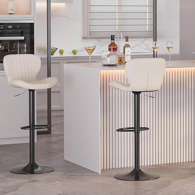 Bar Stools Set of 2, Barstools Counter Height with Shell Shaped Backrest, Adjustable Moder Stools Pu Leather Bar Stools for Kitchen Counter, Island, Bar, Dining Room, White