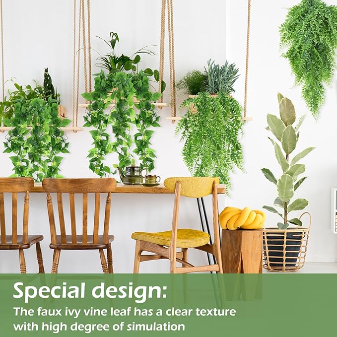 Hoteam 18 Pcs Artificial Hanging Plants 32 Inch Fake Ivy Vines with Fake Leaves Patio Artificial Plants Greenery for Living Room Indoor Outdoor Wall, No Basket (Pothos,Persian Grass)