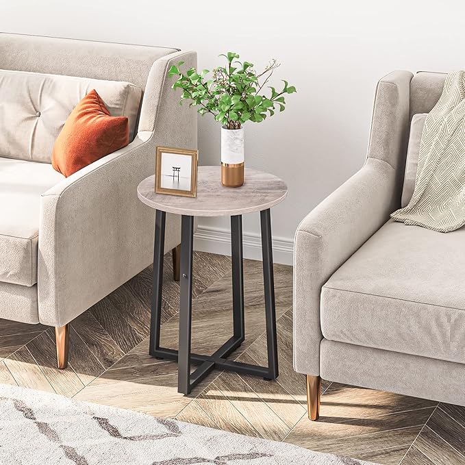 HOOBRO Side Table, Round Accent End Table with Sturdy Metal Pedestal, 15.7" Round Nightstand, for Living Room, Bedroom, Balcony, Office, Greige and Black BG95BZ01