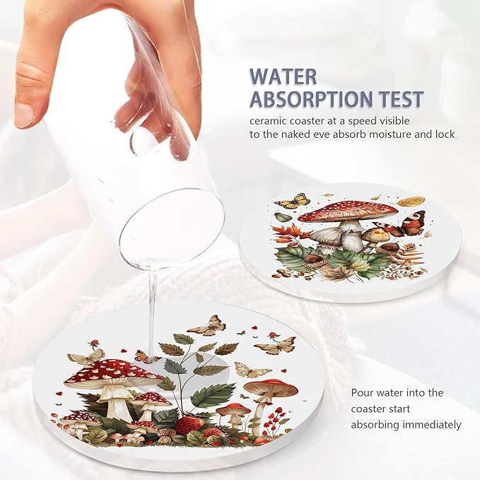 Drink Coasters Set of 6 with Holder, Mushroom Butterfly Absorbent Ceramic Drink Coaster for Tabletop Protection,Suitable for Kinds of Cups,Drinks Coasters for Home Office Decoration(4 Inches)