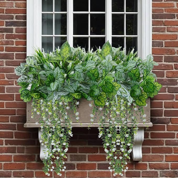 16Pack Artificial Plants Outdoor UV Resistant Faux Greenery Stems Shrubs with 7 Kinds of Fake Plastic Plant and Hanging Eucalyptus Plants Bushes Green Boxwood for Indoor Garden Patios Porches Decor