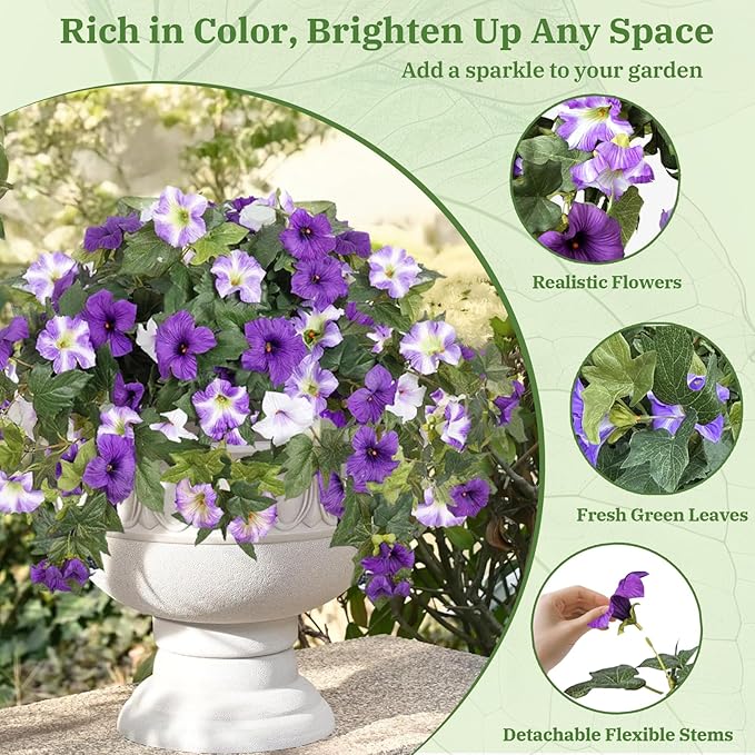 Artificial Fake Flowers Plants for Spring Summer Decoration,2 Pcs No Fade Faux Petunias,UV Resistant Realistic Silk Flowers,for Home Garden Balcony Yard Porch Deco (Purple White)