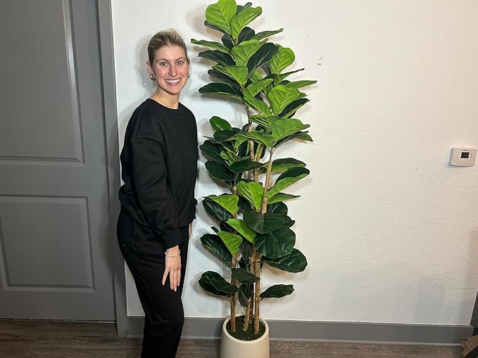 GarveeHome 6FT Faux Fiddle Leaf Fig Tree with White Pot, Faux Trees with Artificial Plants 74 Fiddle Leaves Greenery - Lifelike Fake Tree for Home Office Store Room Decor Indoor Outdoor