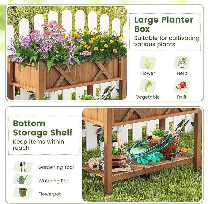 Giantex HIPS Raised Garden Bed, Elevated Planter Box w/Legs, Storage Shelf, Drainage Holes, Weather-Proof Standing Raised Beds for Backyard Porch Flower Vegetable (Coffee, 34" x 18" x 29")