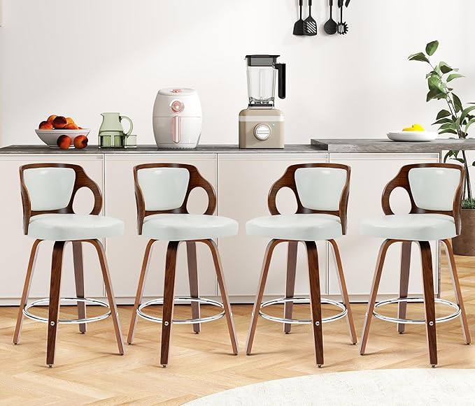 ECOTOUGE Swivel Bar Stools Set of 4, Walnut Faux Leather Counter Height Barstools with Bentwood Back and Footrest, for Dining Room, Kitchen Island and Pub, White