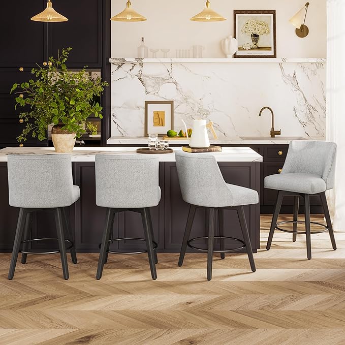 Counter Height Bar Stools Set of 4, Modern Swivel Barstools with Back and Wood Legs, Linen Fabric Upholstered Bar Chairs, 26" H Kitchen Counter Stools, Kitchen Island Home Bar, Light Grey