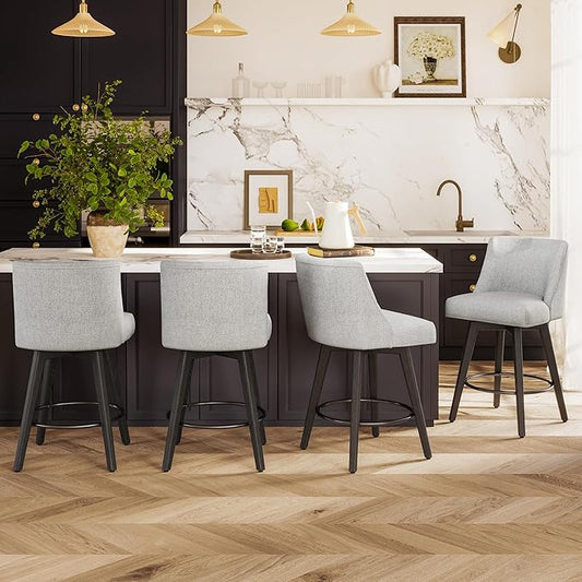 Counter Height Bar Stools Set of 4, Modern Swivel Barstools with Back and Wood Legs, Linen Fabric Upholstered Bar Chairs, 26" H Kitchen Counter Stools, Kitchen Island Home Bar, Light Grey