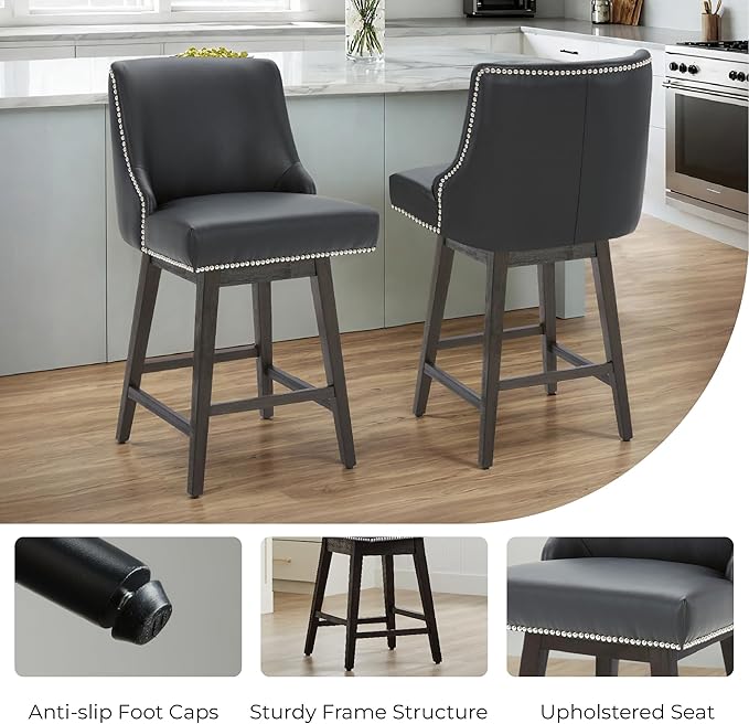 CHITA Counter Height Swivel Bar Stools Set of 3, FSC Certified Upholstered Counter Stools, Modern Swivel Barstools with Wood Legs for Kitchen Island, 26" Seat Height, Faux Leather in Black