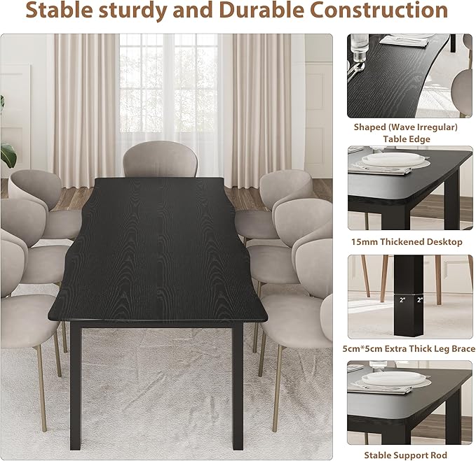 IDEALHOUSE 70.9”Dining Table with Wave Irregular Edge, 15mm Thick MDF Top & Metal Frame, for Kitchen, Quick Assembly, Wooden Kitchen Table for 6-8, Waterproof Scratch-Resistant, Modern Black