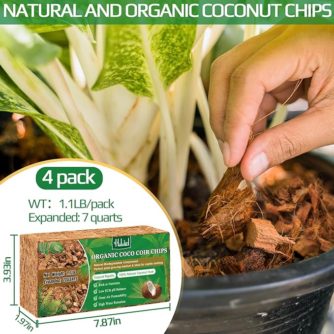 Halatool 4 Pcs Coco Husk Chips for Plants - 4.4 LB 100% Organic Coconut Coir Chips with Low EC and pH Balanced, Compressed Coco Substrate Growing Mulch Medium for Landscaping, Herbs, Plants, Flowers