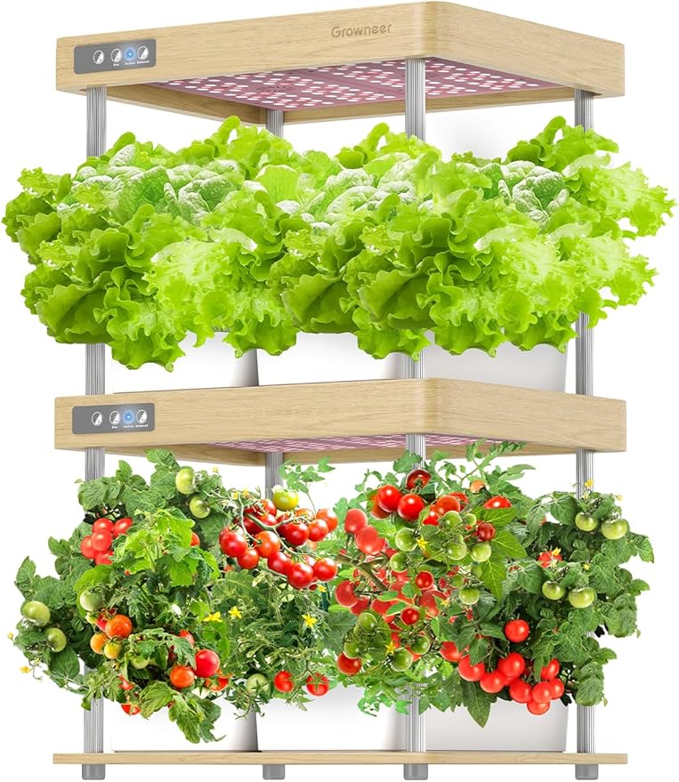 GROWNEER HydroEasy1.0 Hydroponic Growing System, 2-Tier Indoor Garden with Full-Spectrum LED Grow Lights, 32 Pods, Solid Wood Design, Independent Water Circulation, Ideal for Vegetables, Herbs, Pine
