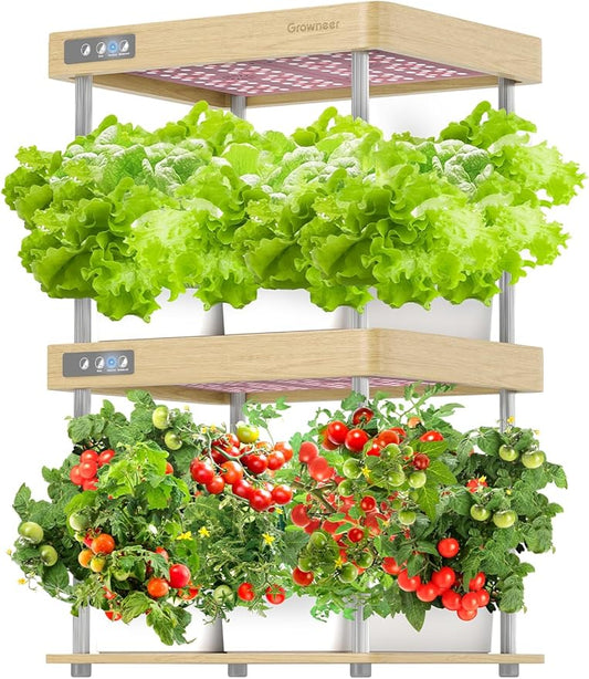GROWNEER HydroEasy1.0 Hydroponic Growing System, 2-Tier Indoor Garden with Full-Spectrum LED Grow Lights, 32 Pods, Solid Wood Design, Independent Water Circulation, Ideal for Vegetables, Herbs, Pine