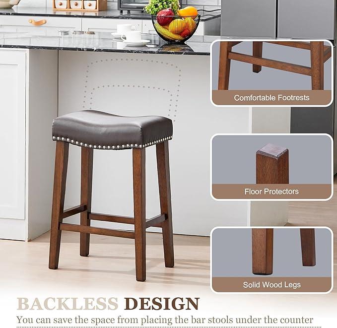 PrimeZone Counter Height Bar Stools Set of 4 - Backless Saddle Barstools with 4.3" Thick Upholstered, Nailhead Trim Faux Leather & Solid Wood Legs, 26 Inch Counter Stools for Kitchen Island, Brown