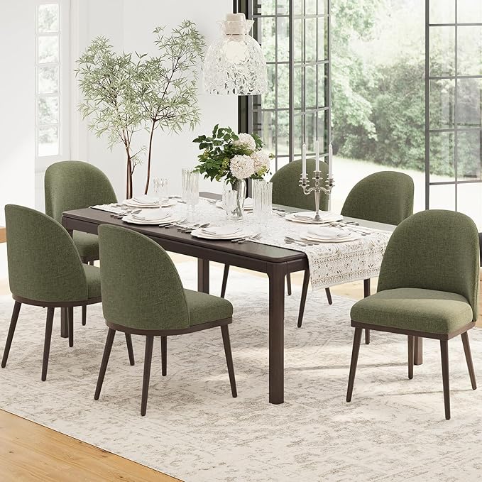 Upholstered Dining Chairs Set of 6, Large Dining Room Kitchen Chairs with High Back and Deep Seat, Modern Fabric Dinner Chairs with Wood Legs, Green