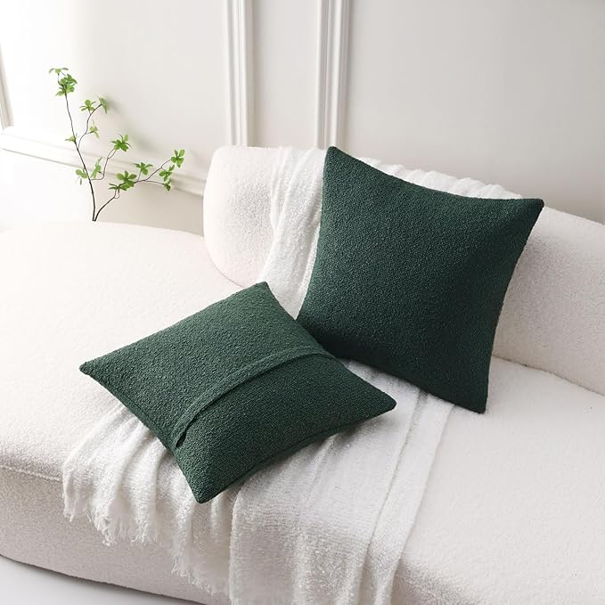 FUTEI Pack of 2 Dark Green Decorative Throw Pillow Covers 20x20 Inch Soft Cozy Solid Boucle Textured Cushion Case,Modern Home Decor for Couch Bed Living Room