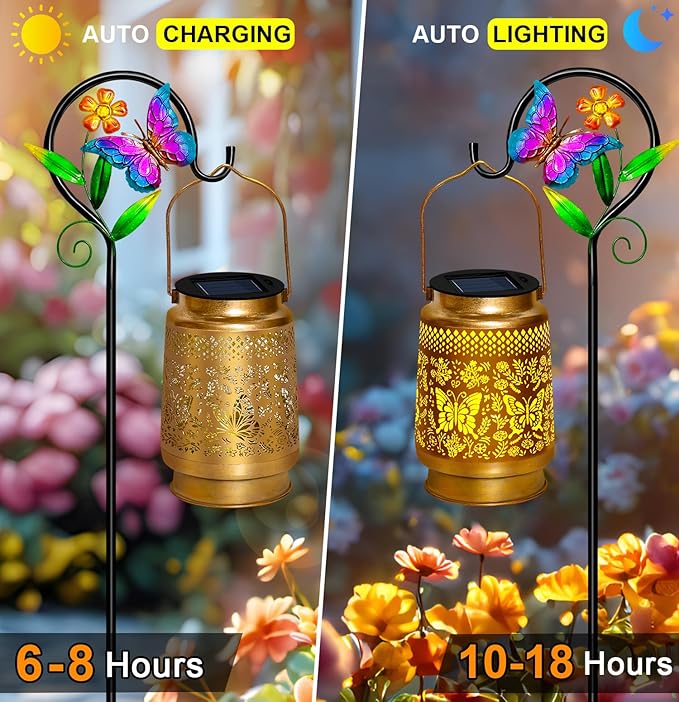 2 Packs Butterfly Solar Lanterns Outdoor Waterproof with Shepherd Hook,Garden Lights Butterfly Decor,Christmas Decorations Birthday Gifts for Women Mom,Hanging Solar Lights Decorative for Patio,Porch