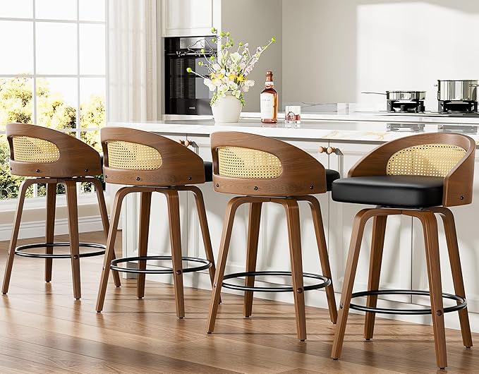 Swivel Bar Stools Set of 4, 26" Upholstered Faux Leather Barstools with Bentwood Legs, Mid Century Modern Counter Height Bar Stools with Rattan Back for Kitchen Island, Dining Room, Black