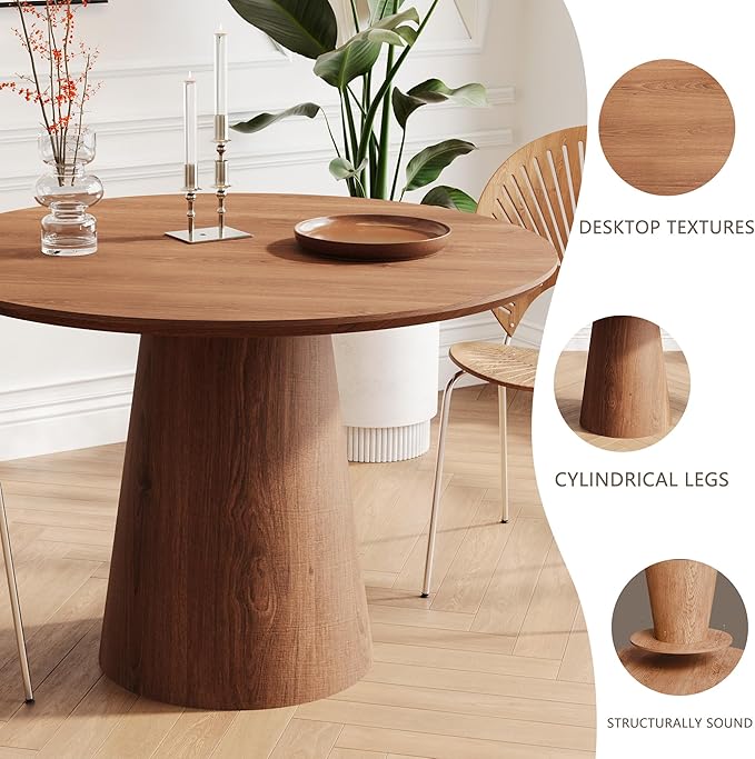 43'' Round Dining Table for 4, Modern Wood Farmhouse Kitchen Table with Sturdy Cylindrical Pedastal, Dinner Tables for Dining Room, Living Room Walnut