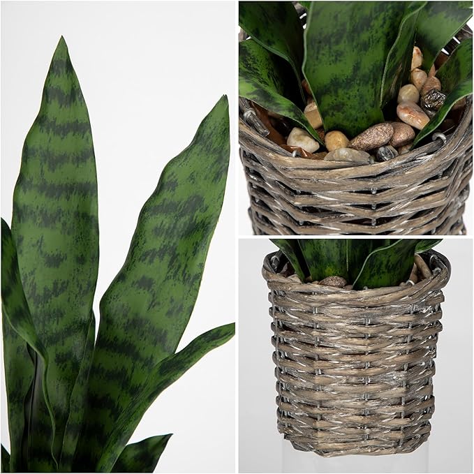 DILATATA Artificial Snake Plant 15 Inch Fake Sansevieria with Woven Basket Pot, Fake Mother in Law Plants Faux Potted Plant Greenery for Home Office Decor Indoor - Green