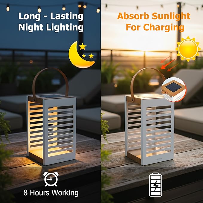 Solar Lantern with Handle - Outdoor Metal Solar Light (7.87×13.78"), Waterproof & Rustproof, 8H Auto-On Warm White Light, Portable for Patio, Porch, Balcony & Garden Decor (Single Pack, White)